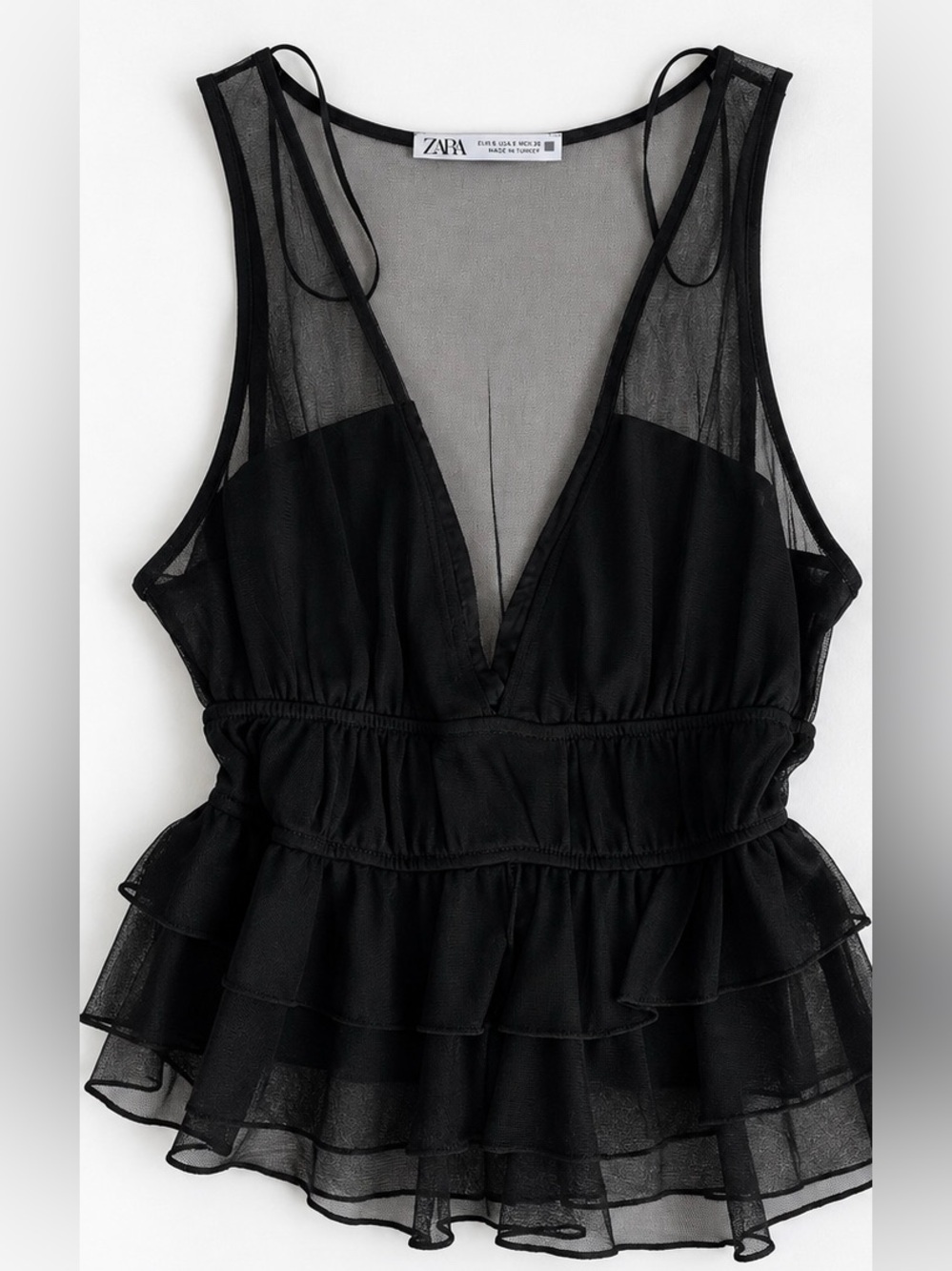 Zara Black Sheer V-Neck Ruffle Mesh Top